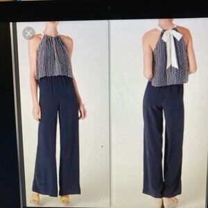 Laureate Lane Silk Jumpsuit Anthropologie Navy with White Polka Dot Size XS